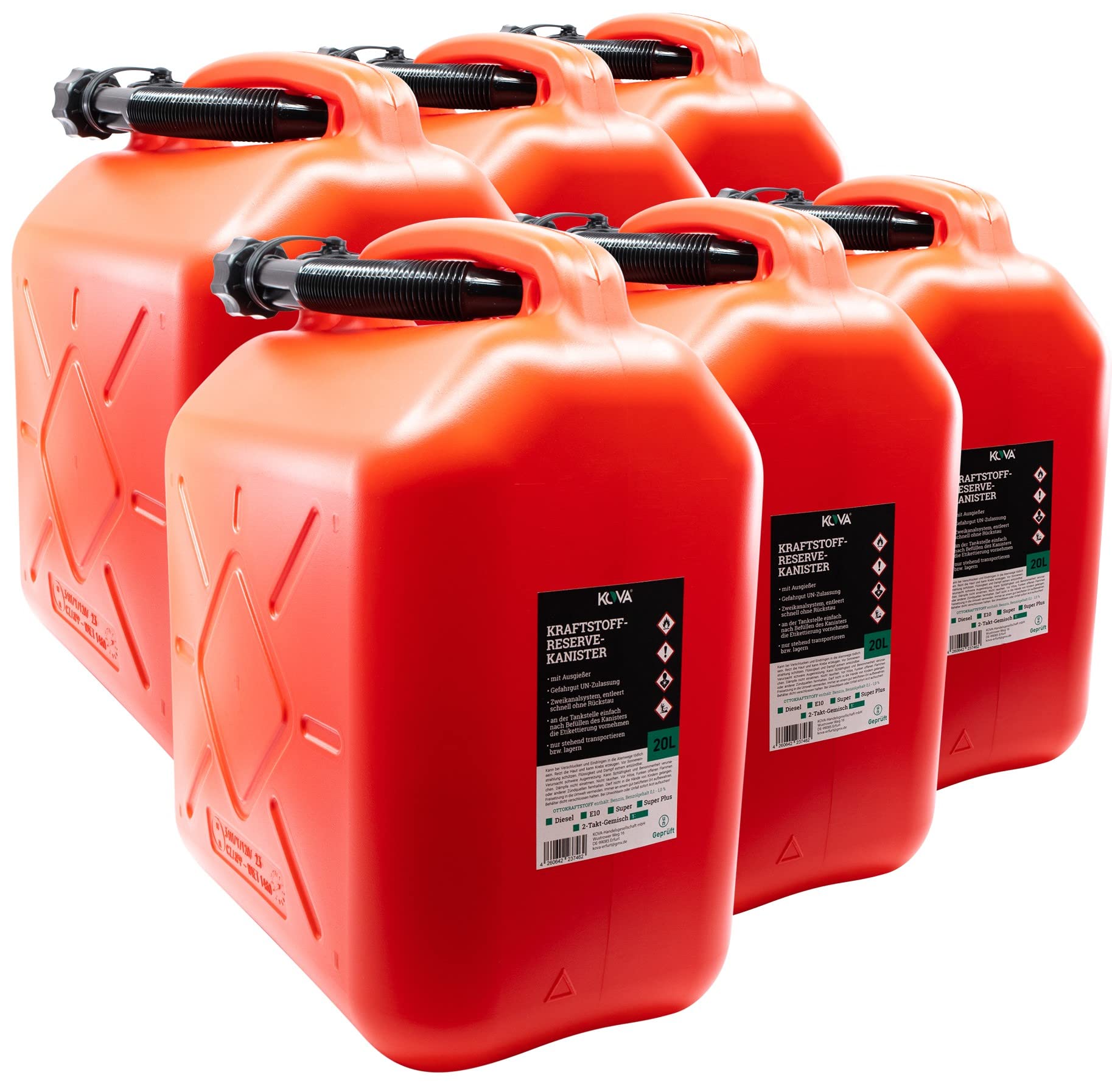 KOVA® 6x Benzinkanister 20L ROT mit Ausgießer für Benzin & Diesel | Ideal für Auto, Motorrad, Boot, Camping und Werkstatt