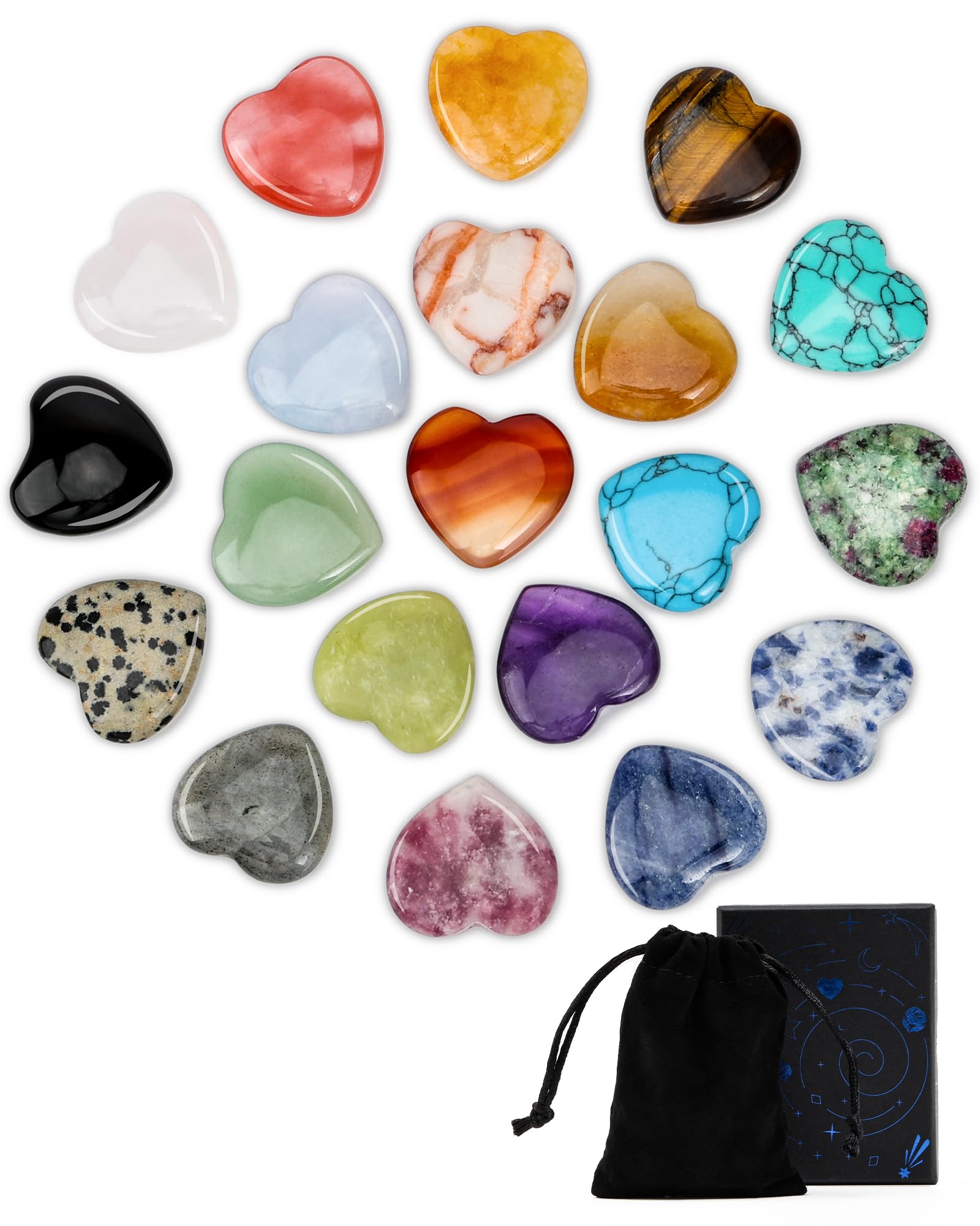Cristales Curativos Naturales 24 Piezas - Chakras Piedras Naturales Energéticas de Corazón - Set de Chakras Piedras para Meditación, Reiki y Alivio del Estrés - Regalo de San Valentín para Parej