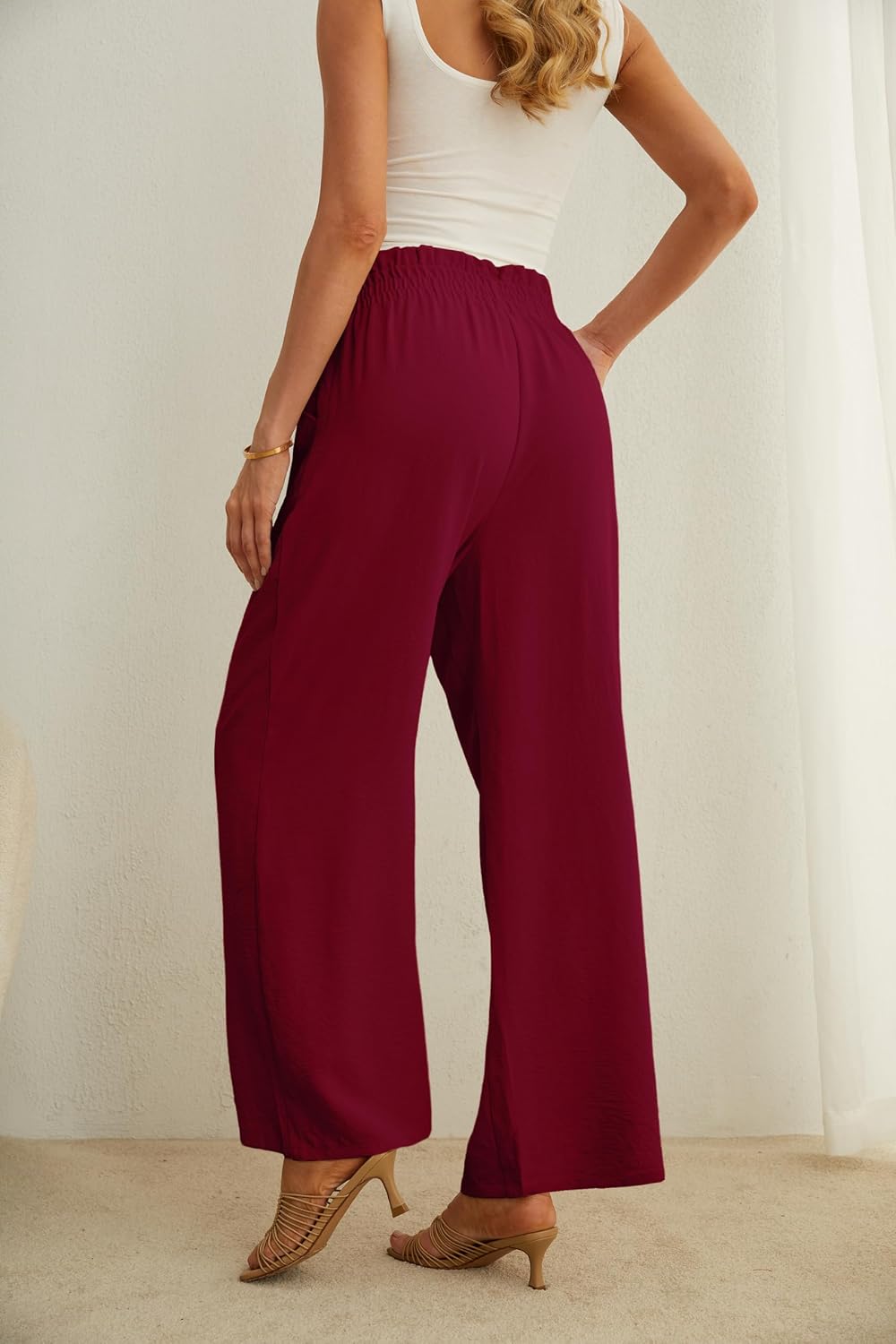 IWOLLENCE Women High Waist Palazzo Pants, Adjustable Knot Ankle Wide Leg Trousers Pockets Beach Vacation Lounge Office thumbnail