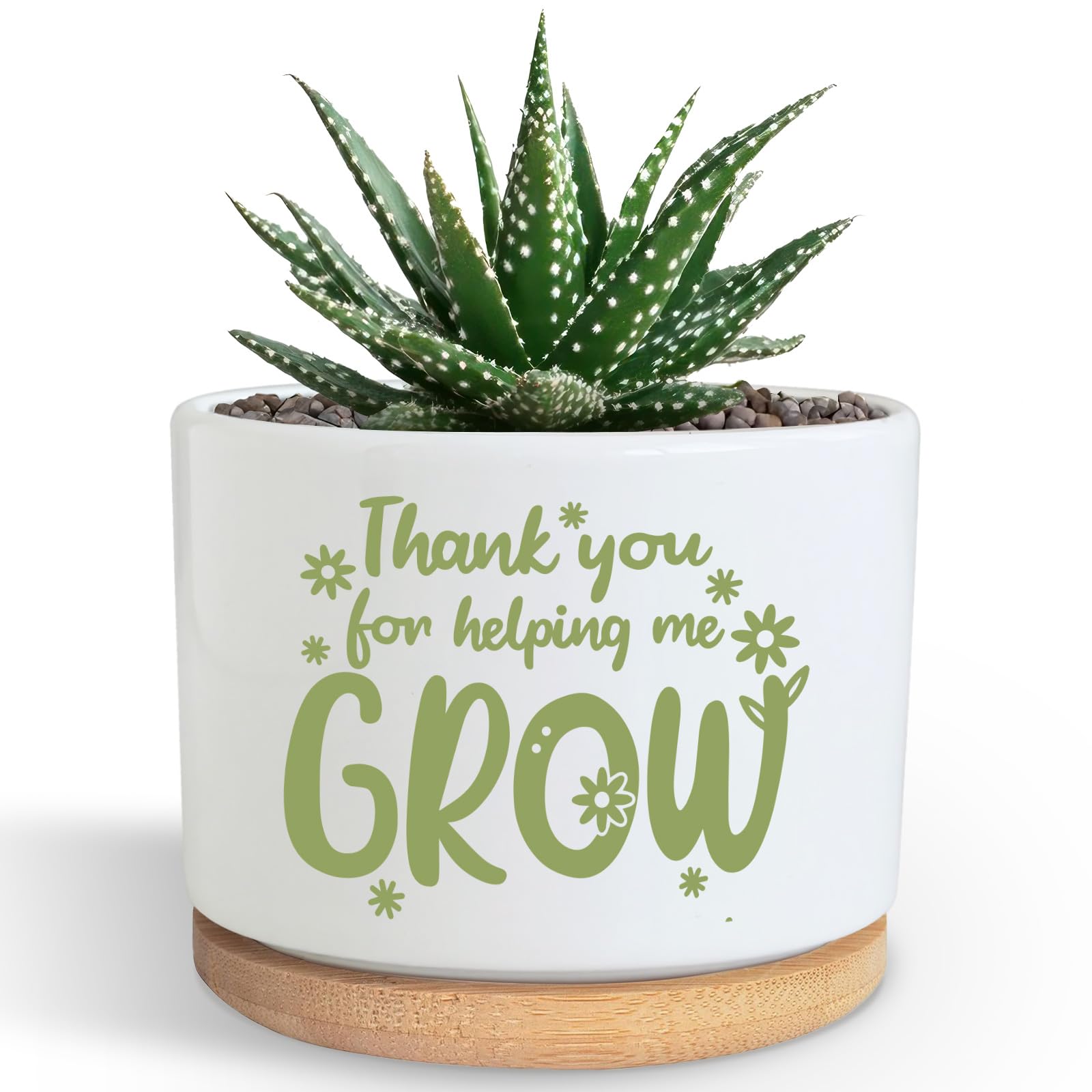 Thank You for Helping Me Grow Succulent Plant Pot, 3.5 Inch Small Ceramic Cactus Planter Pot with Drainage, Thank You Appreciation Gift for Teacheer Plant lovers Birthday Christmas (No Plants)