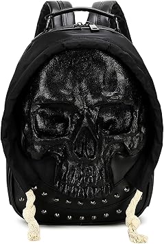 Skull Backpack Gothic Punk Purse Halloween Horror, Medium | PVC 3D skull print with chain straps, hooded or furry edge styles. Edgy gothic design. For Halloween, raves & night out.