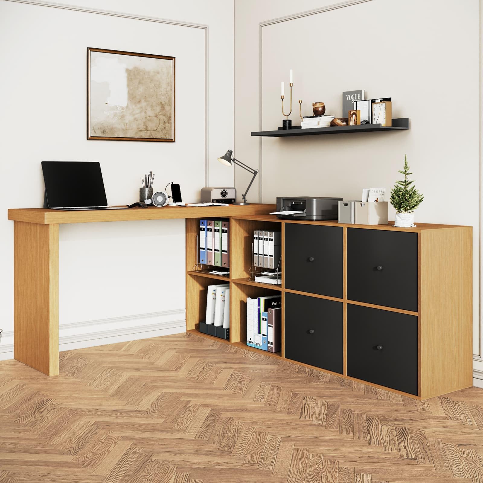 Sweiko Bureau d'angle Informatique Pivotant 360° avec 4 Tiroirs de Rangement, Bureau Modulaire avec Étagères Ouvertes, bibliothèque pour Home Office et Chambre Ado