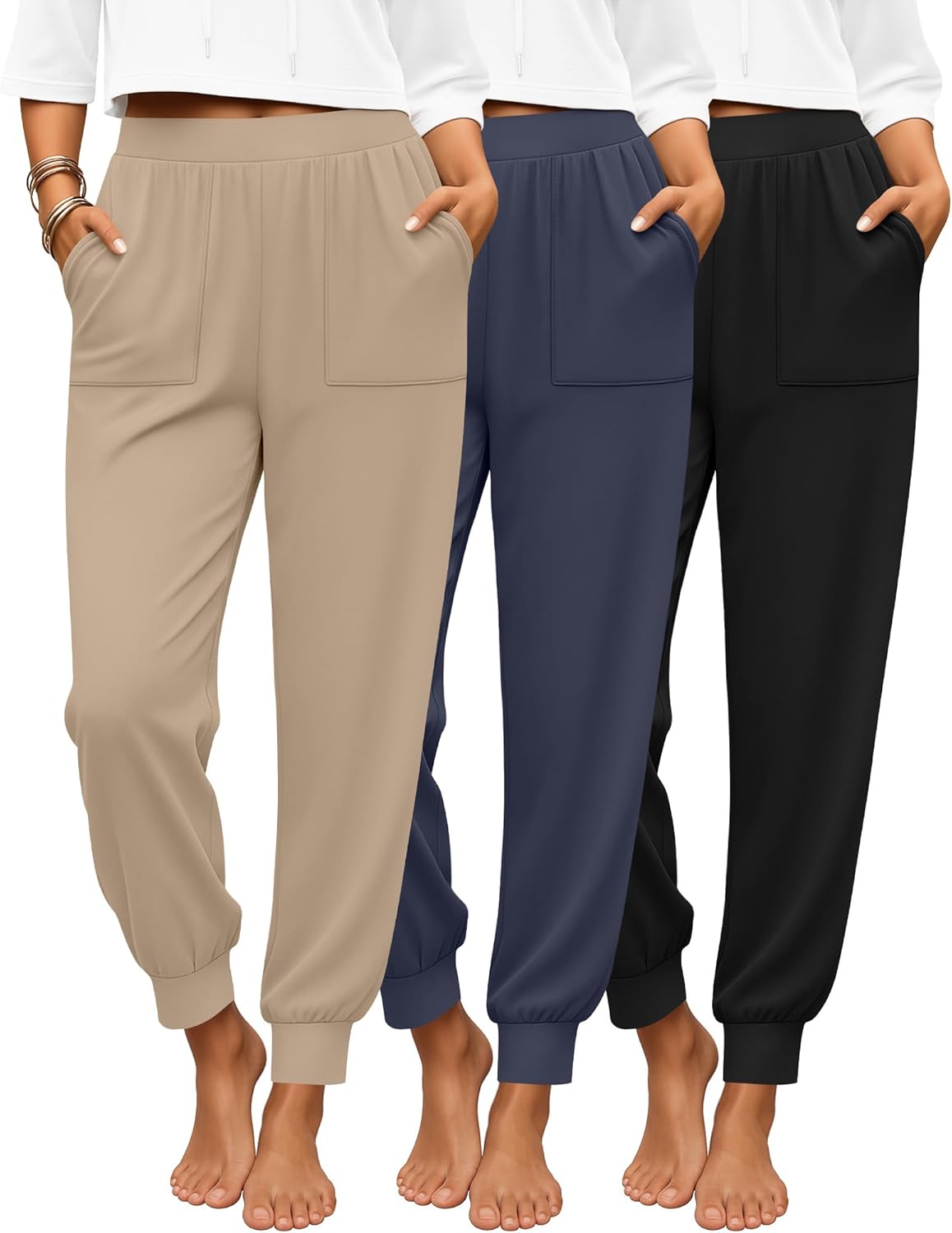 Yearntown 3 Pack Women's Lounge Joggers High Waist Yoga Pants Athletic Workout Pajama Comfy Tapered Sweatpants with Pockets