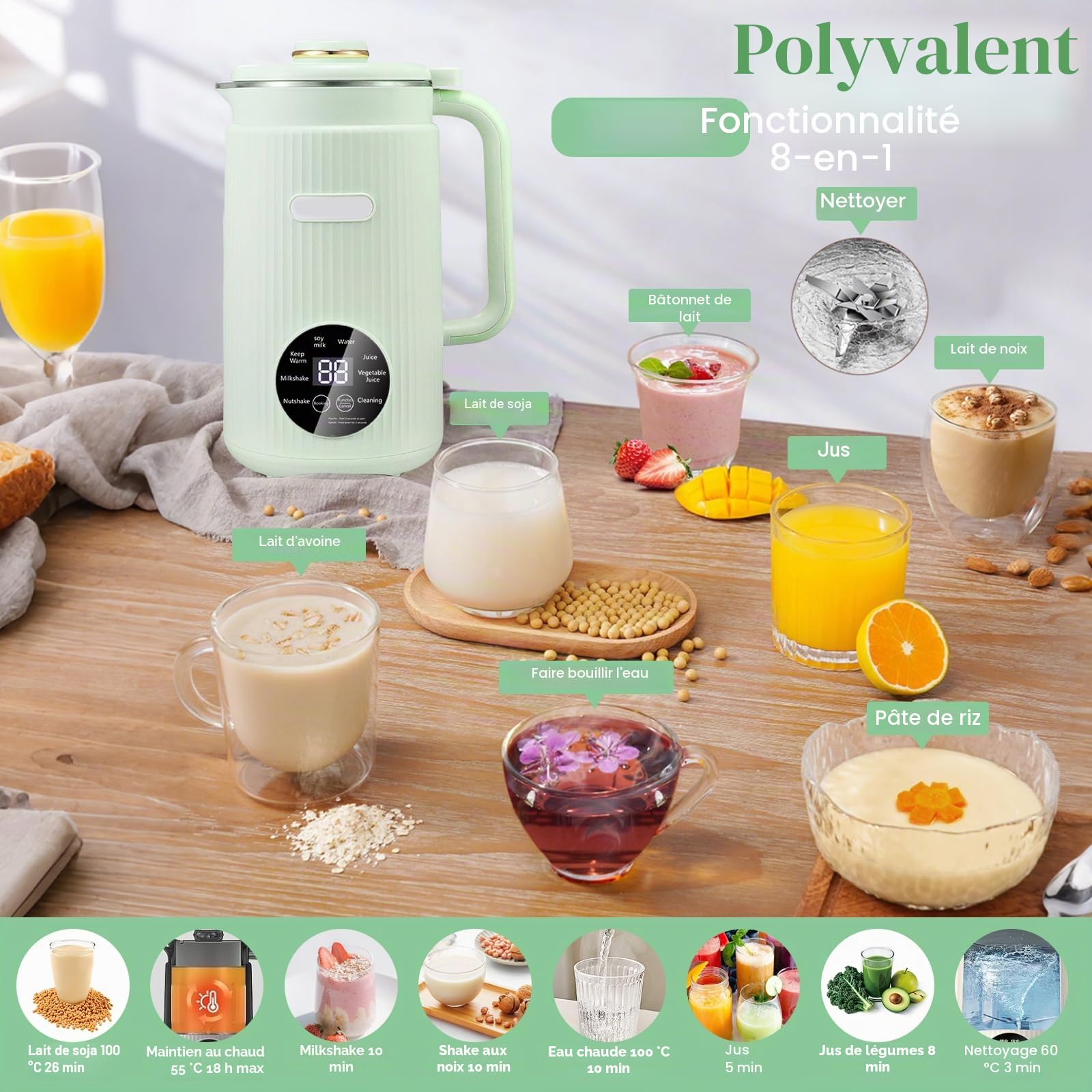 Machine à lait de soja 8 en 1 - 1200 ml - Machine à lait d'amande automatique avec 12 lames pour lait végétal fait maison, avoine, soja - 12 lames avec minuterie, fonction de maintien au chaud (vert)