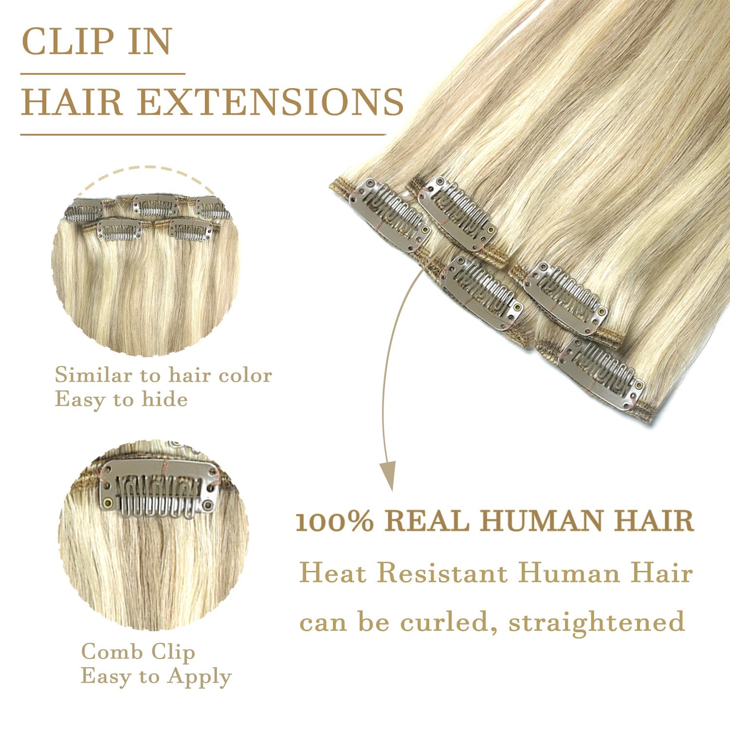 5PCS Clip In Hair Extensions Human Hair Mixed Bleach Blonde 18Inch for Women Girls #18p613