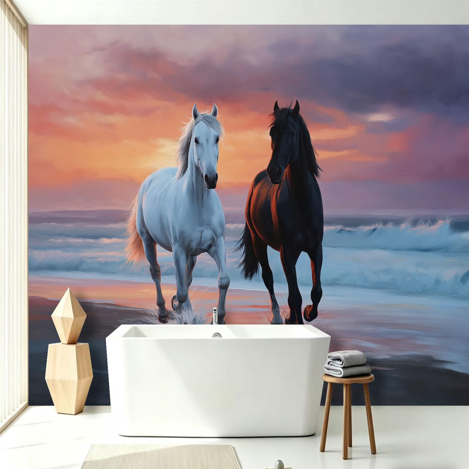 Vlies Fototapete Landschaftsmalerei Natürliche Harmonie 350x256 cm Braunes Pferd Sonnenuntergang Strand Foto Tapete für Büro Hauptwand Wohnzimmer Dekoration Sportclub - Vliestapete Wand Dekoration