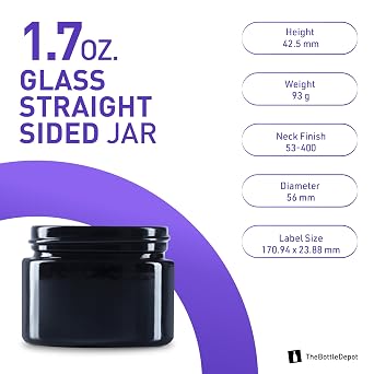 The Bottle Depot - 2 oz (50ml) Glass Jar - Black UV - 210 Jars - Closures Not Included - 53-400 Neck Finish - Wholesale Glass Jars