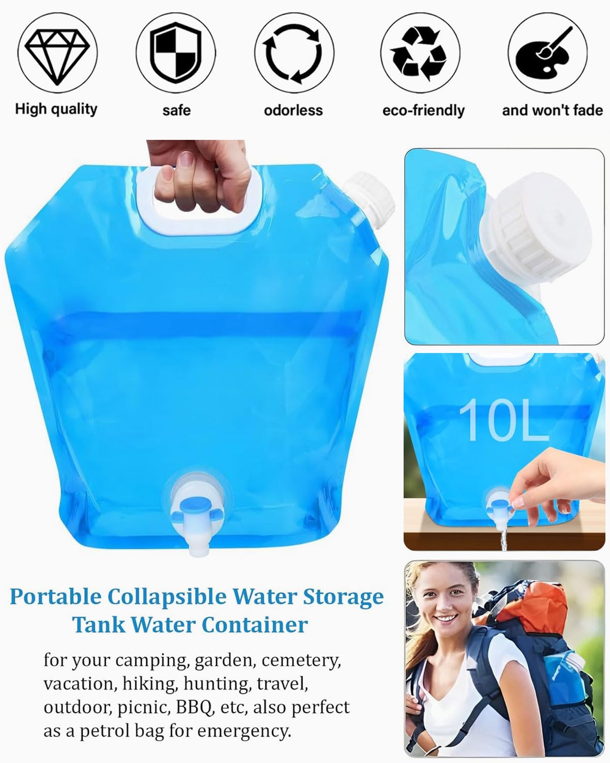 2 pezzi 10L Taniche Pieghevoli per Acqua, Tanica dell'Acqua Trasportabile, Tanica Acqua Campeggio,per Campeggio,Escursionismo e Picnic