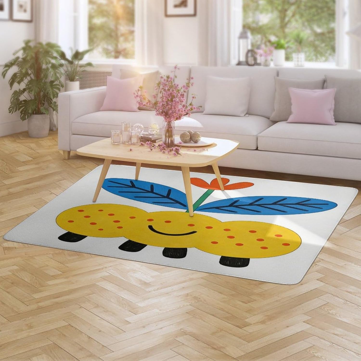 Cute Flower Plant Soft Coral Velvet Rug, Non-Slip PVC Back Absorbent Floor Mat 60×150cm