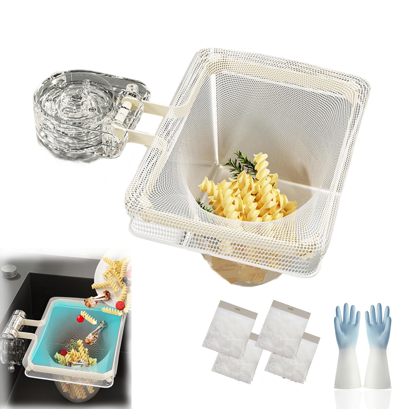 Suction Cup Kitchen Sink Strainer with Foldable Frame, Sink Food Catcher Sink Strainer Dishwashing with Fine Mesh Bags, Food Catcher Basket for Waste Disposal and Cloth Hanging (200 Mesh bags,A)