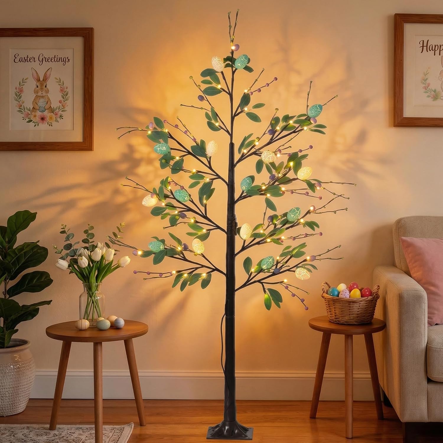 Easter Decorations 5FT Lighted Easter Tree with Timer,Pre-Lit Easter Egg Tree with 64 LED Lights,Colorful Eggs and Flexible Branches,Egg Tree for Home Porch Spring Holiday Office Indoor Outdoor Decor