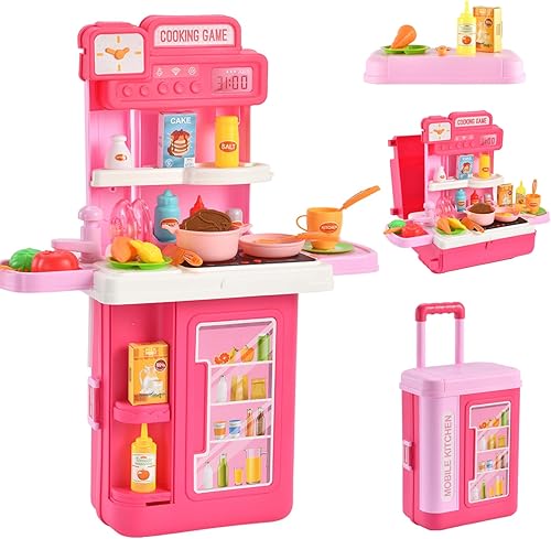 Juego de cocina para niños, cocina 4 en 1 para niños de 4 a 8 años, convertida en una caja de carrito, 41 accesorios de cocina de juego, juego de
