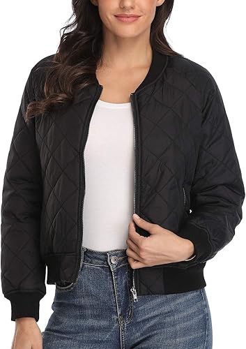 andy & natalie Women's Bomber Jacket Fashion Quilted Casual Lightweight Bomber Jakcets Zip up Outerwear Jacket with Pockets