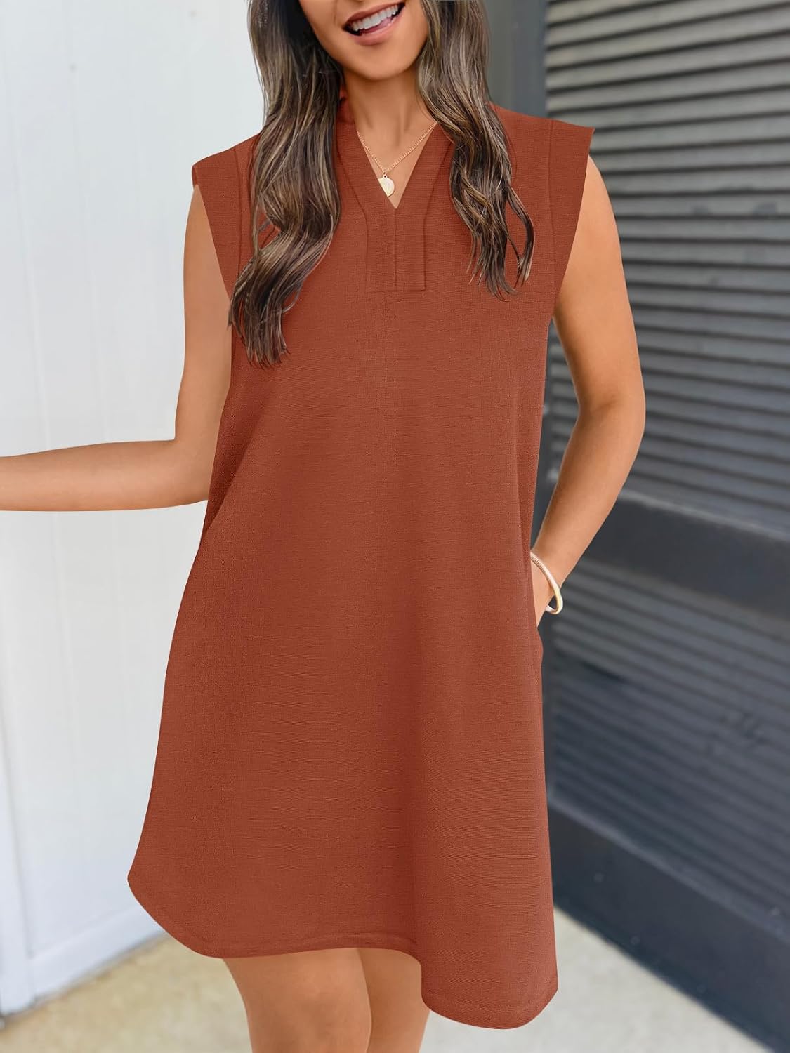 MEROKEETY Women's Summer Casual V Neck Collared Loose T Shirt Mini Dress image 3
