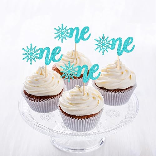 Miniatura 6 de Ercadio Paquete de 24 adornos de copo de nieve para cupcakes con purpurina azul, copos de nieve para el primer cupcake Toppers Copo de nieve para