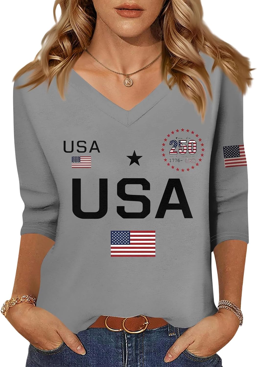 Women's 250 Anniversary USA Shirt, 3/4 Sleeve V-Neck Patriotic Shirt, 4Th of July T-Shirts, S-3XL