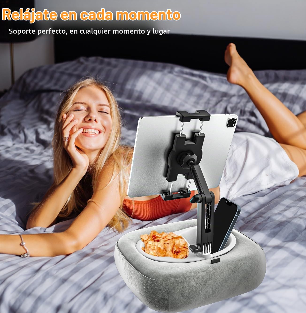 Soporte Tablet Almohada [Tejido Suave y Cómodo] Ajustable Soporte Almohada Tablet para Cama, Regazo, Mesa, para iPad, Galaxy Tab, Kindle, Fire, Tabletas y Móvils de 4-13", Gris