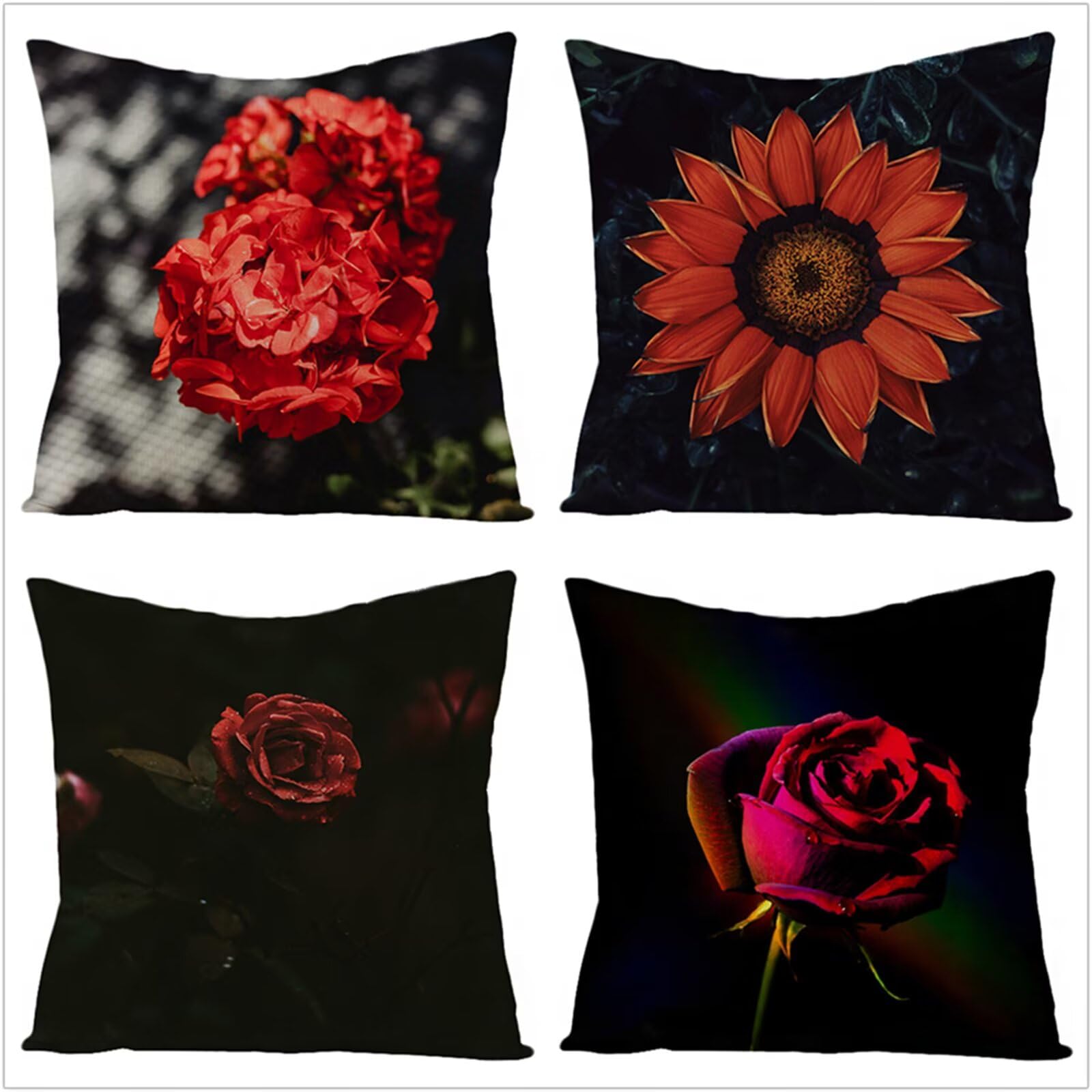 Fundas Cojines 70x70cm,Juego de 4 Fundas de Cojines Modernas Terciopelo Decorativa Hogar Almohadas Fundas para Sala Sofá Cama Decoración para Hogar Flores Rojas Negras