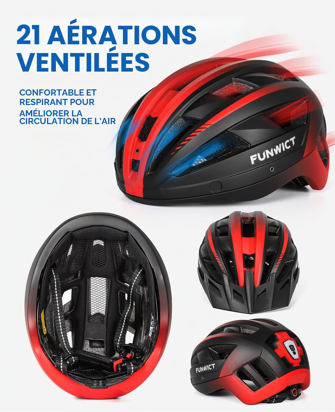 Casque Velo Homme Femme avec Visiere et Lunettes, Casque Vélo Casques VTT avec Feu Arrière à LED Rechargeable, Casque Cyclisme pour Adulte et Adolescent (L: 57-61 cm, Noir et Rouge)