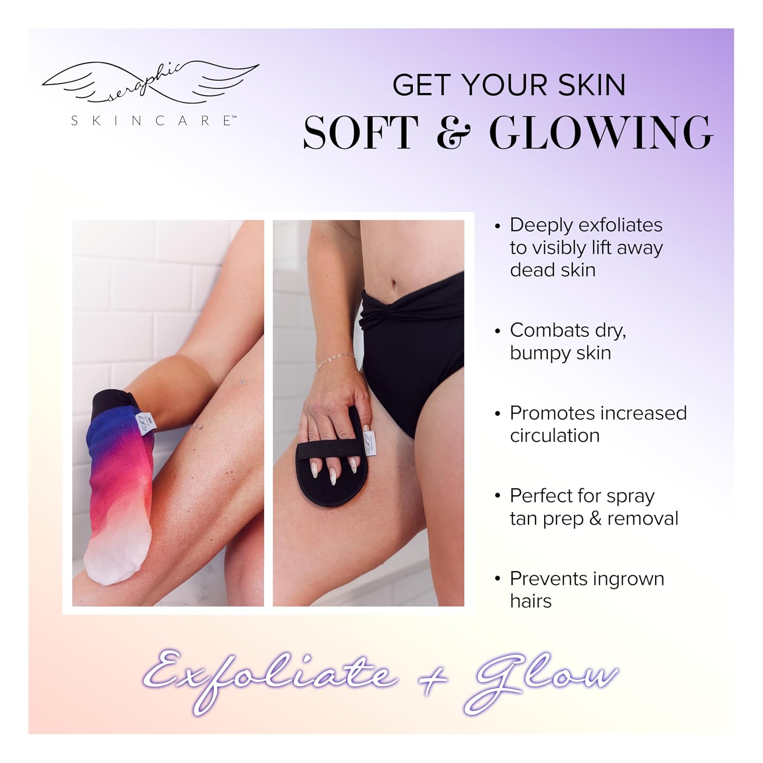 Seraphic Skincare Exfoliating Mitt Duo – Bikini Buffer & Premium Body Scrub Glove – 100% Vegan Viscose Mitts for Gentle Exfoliation, Ingrown Hair Care, Self-Tan Removal & Smooth, Glowing Skin