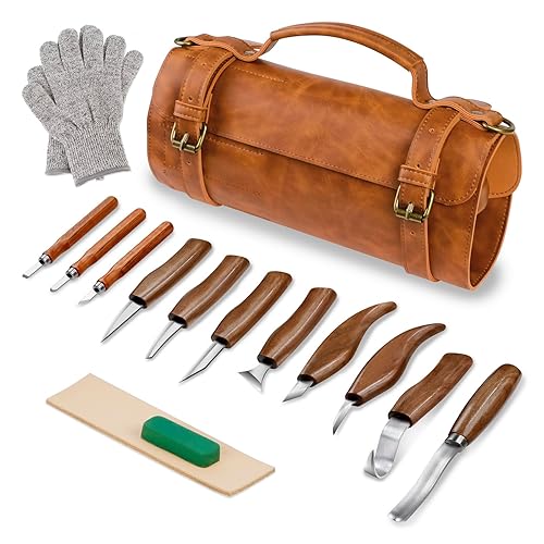 Tekchic Wood Carving Kit Deluxe-Whittling Knife, Wood Carving Knife Set, Wood Whittling Kit for Beginners, Carving Knife Woodworking Wood Carving Tools Set with Large Leather Case - Brown