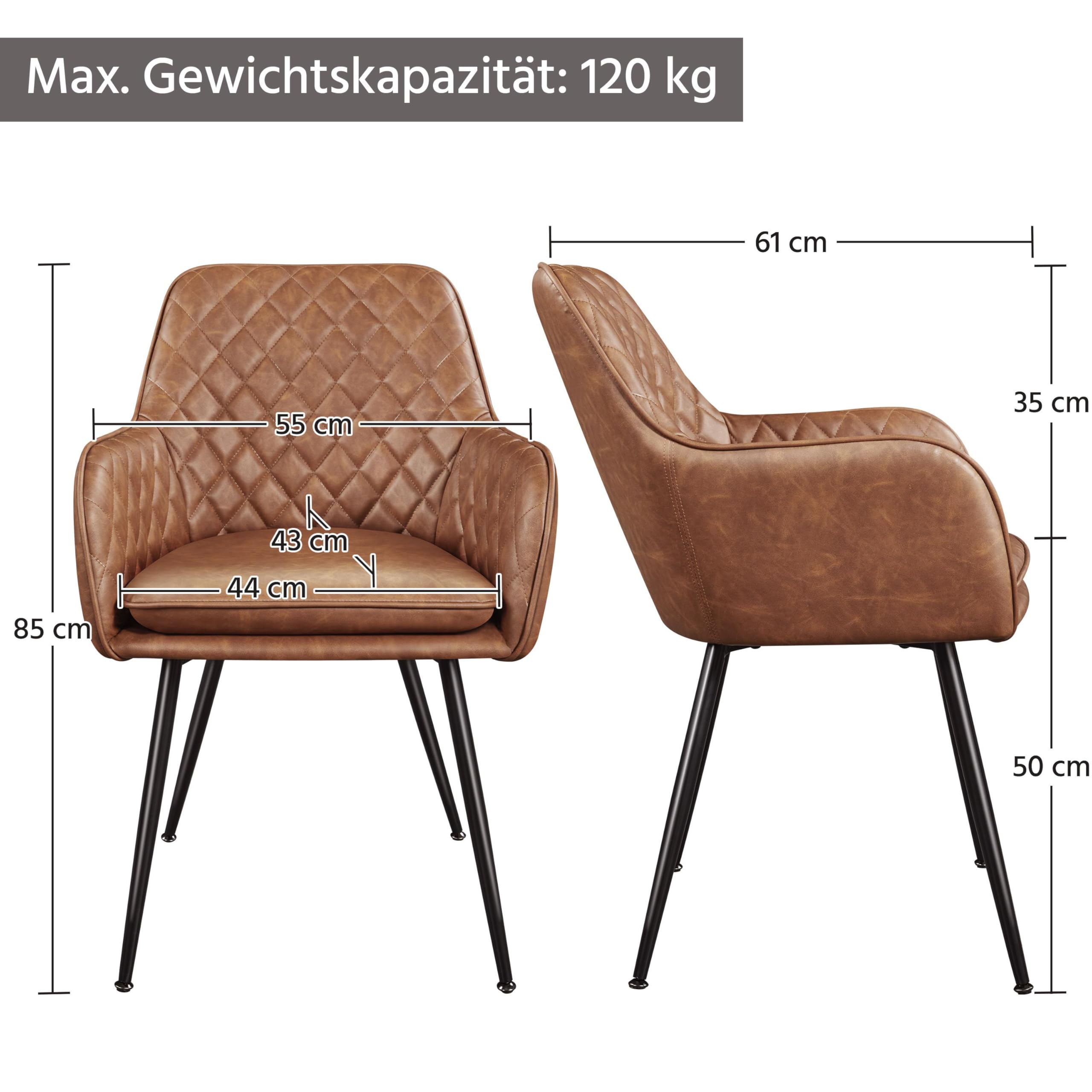 Yaheetech Esszimmerstühle 2er Set Küchenstühle, Polsterstühle mit Armlehnen Metallbeine, Seesel aus Kunstleder für Arbeitszimmer/Wohnzimmer, Braun