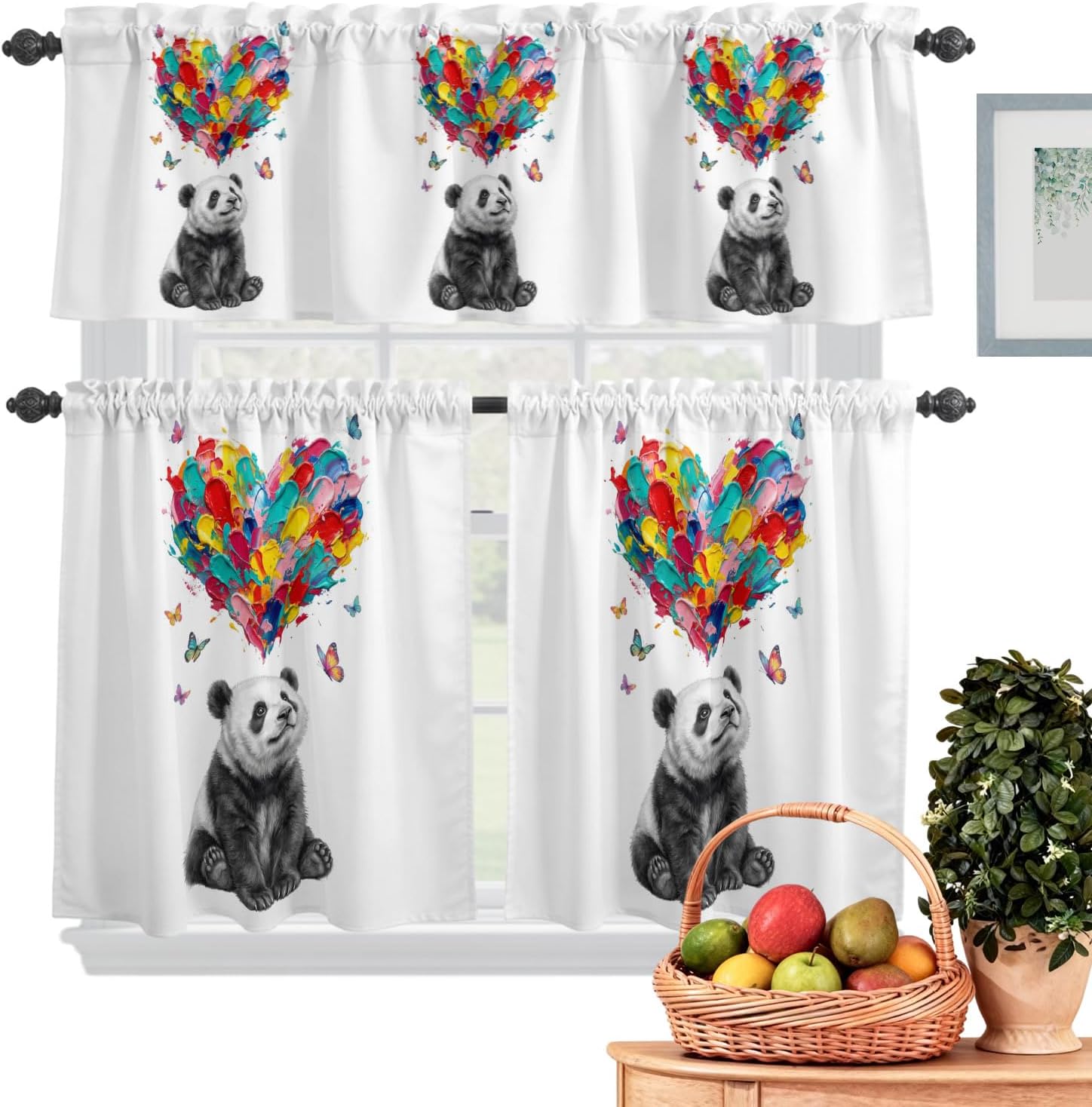 3 Piece Set Kitchen Tier and Valance Curtains Abstract Panda Rod Pocket Curtain Valances Colorful Heart Butterfly Light Filtering Window Treatment for Living Room Decor