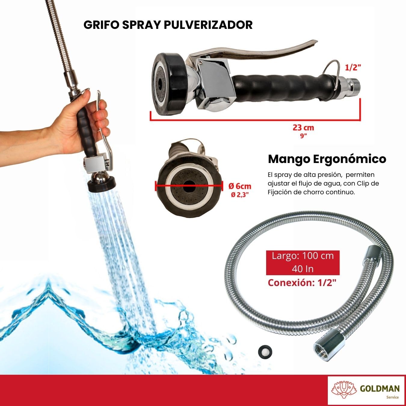 GOLDMAN SERVICE | Grifo Pomo Extensible para Fregadero Lavabo de Cocina con Spray Ducha. Usos Industrial Hostelería y Hogar