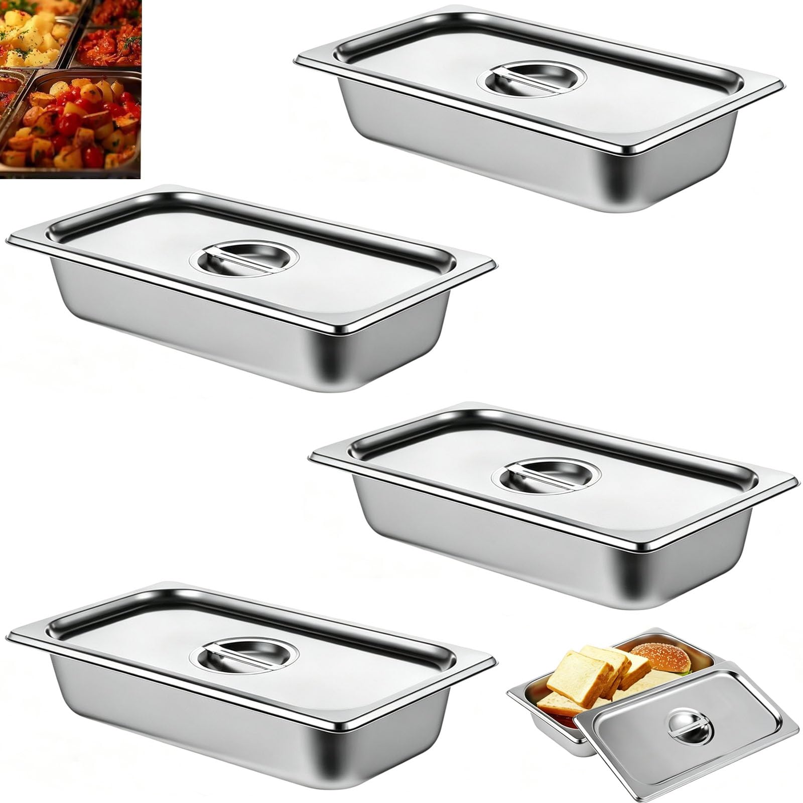4 contenitori 1/3 in acciaio inox con coperchio, altezza 65 mm, contenitori per alimenti, per gastronorm, resistenti al calore, 32,5 x 17,5 x 6,5 cm