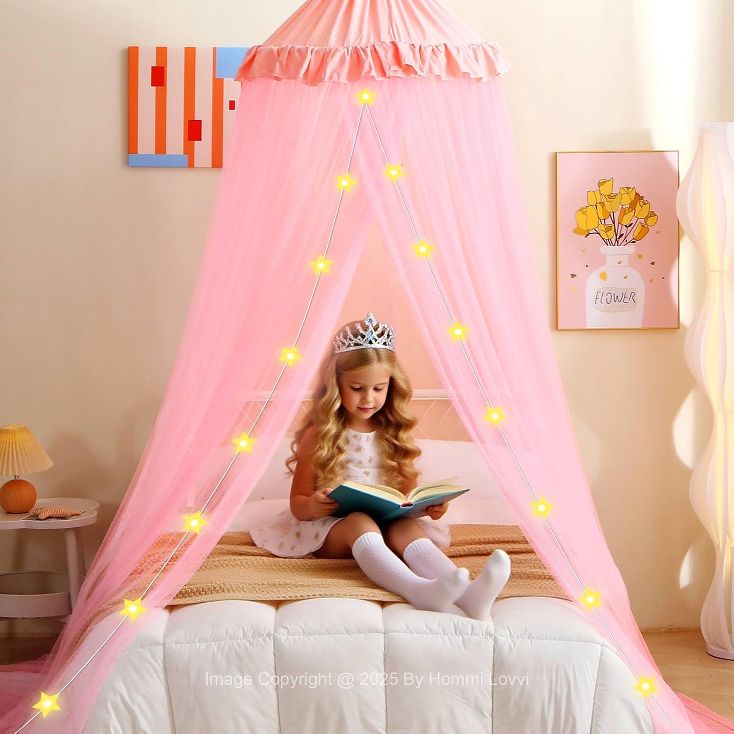 Hommi Lovvi Pink Bed Canopy for Girls with Stars Lights, Princess Canopy Bed Curtains for Twin, Full, Queen Size Bed Hanging Canopy for Girls Room Decor, Kids Sheer Canopy Curtain