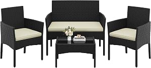 Yaheetech Conjunto Jardin Exterior Muebles Ratán de Jardín de 4 Piezas, 1 Sofá, 2 Sillas con Cojines y 1 Mesa con Vidrio para Patio/Terraza/Balcón (Negro/Beige)