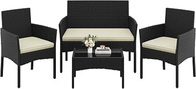 Yaheetech Conjunto Jardin Exterior Muebles Ratán de Jardín de 4 Piezas, 1 Sofá, 2 Sillas con Cojines y 1 Mesa con Vidrio para Patio/Terraza/Balcón (Negro/Beige)