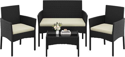 Yaheetech Conjunto Jardin Exterior Muebles Ratán de Jardín de 4 Piezas, 1 Sofá, 2 Sillas con Cojines y 1 Mesa con Vidrio para Patio/Terraza/Balcón (Negro/Beige)