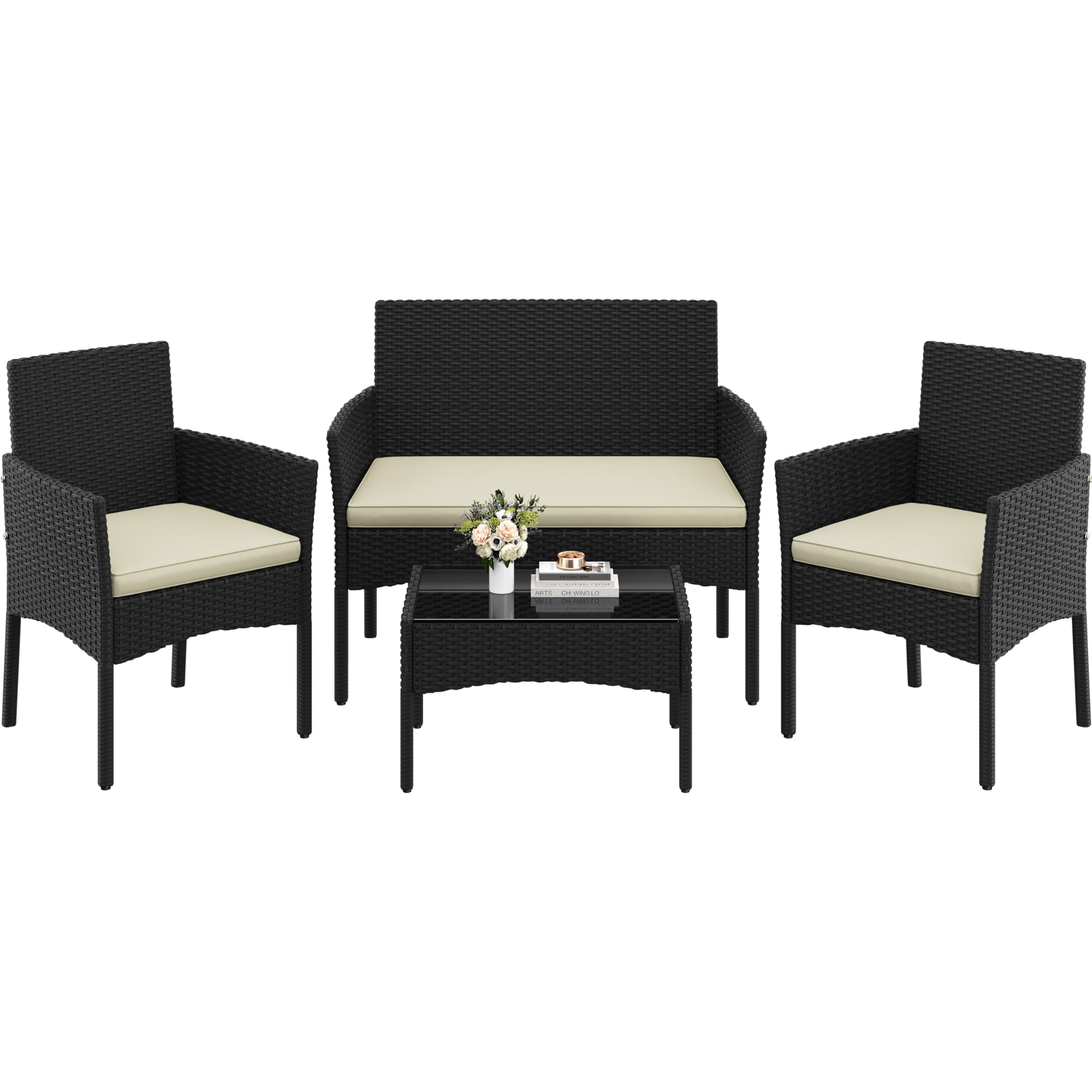 Yaheetech Conjunto de Muebles Ratán de Jardín 4 Piezas, 1 Sofá 2 Sillones con Cojines y 1 Mesa con Vidrio para Patio/Terraza/Balcón (Negro/Beige)