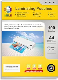 MR.R Thermal Laminating Pouches A4 Size Glossy Clear Thermal Laminate Plastic Laminator Sheets for Photos Files Drawings for Use with Thermal Laminators 150micron (2x75micron)