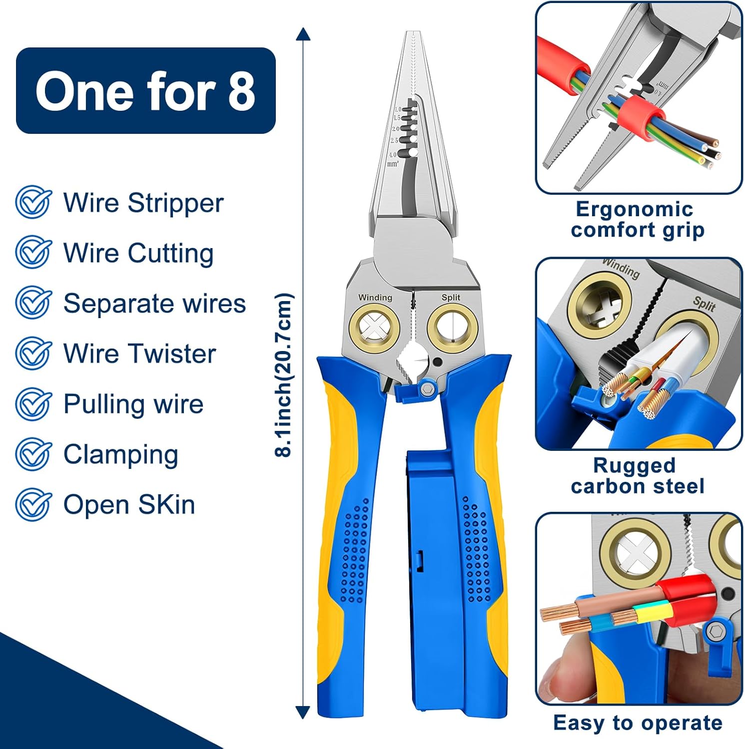 GADO Pro 8-in-1 Wire Stripper/Cutter with Voltage Tester & Dual Alarms - Heavy Duty 12-250V AC/DC Electrical Tester for Hot/Neutral Wires - Electrician, HVAC, Car Repair Tool (Blue-1)