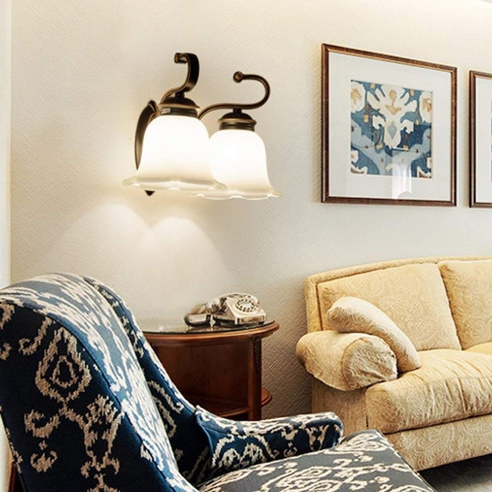 American Country Elegante Retro-Wandleuchte Schlafzimmer Nacht Leselampen Loft Wohnzimmer Veranda Schwarz Finish Wandleuchte Eisenbefestigung Milchweiß Schatten Laterne Innen-Doppelkopf-Wandleuchte