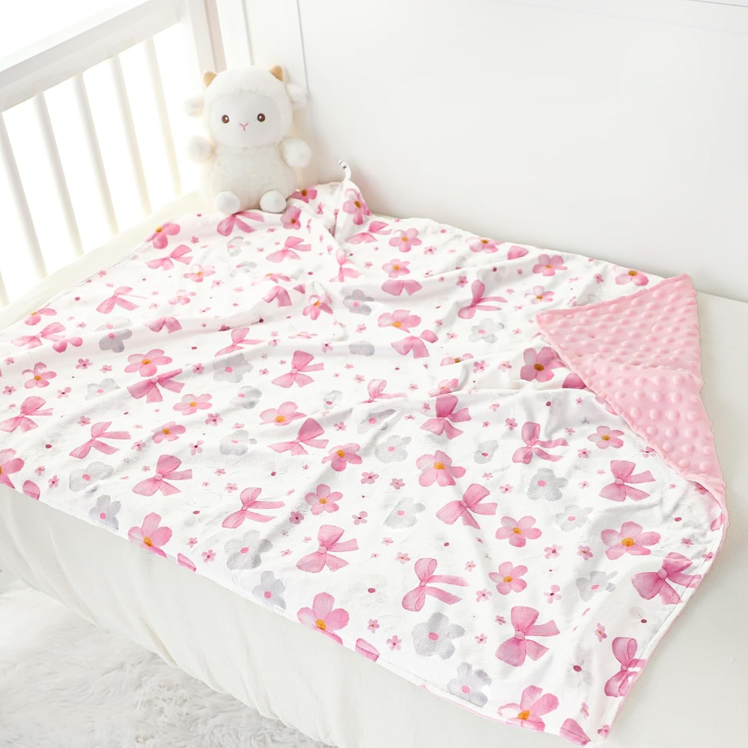 Hooyax Baby Blanket for Girls, 30x40 Inch Double-Sided Soft Blanket with Bow & Flower Print, Soft Plush & Dotted Backing, Swaddling Receiving Blanket for Travel, Stroller & Nursery, Baby Gift