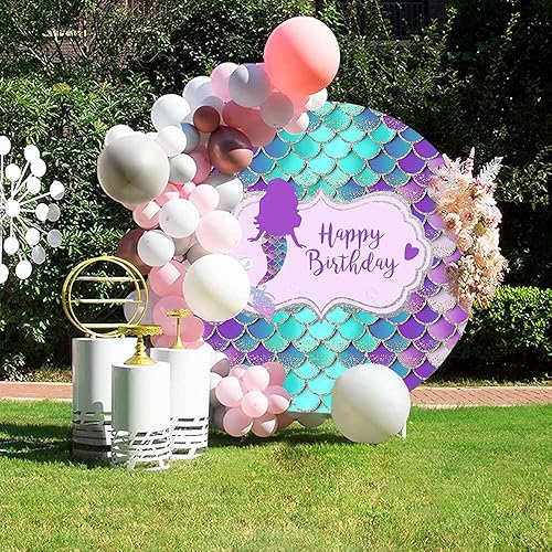 Miniatura 6 de Yeele Telón de fondo redondo de 7 x 7 pies con diseño de sirenita para niñas, fiesta de sirena bajo el mar, purpurina azul y morado con escamas de