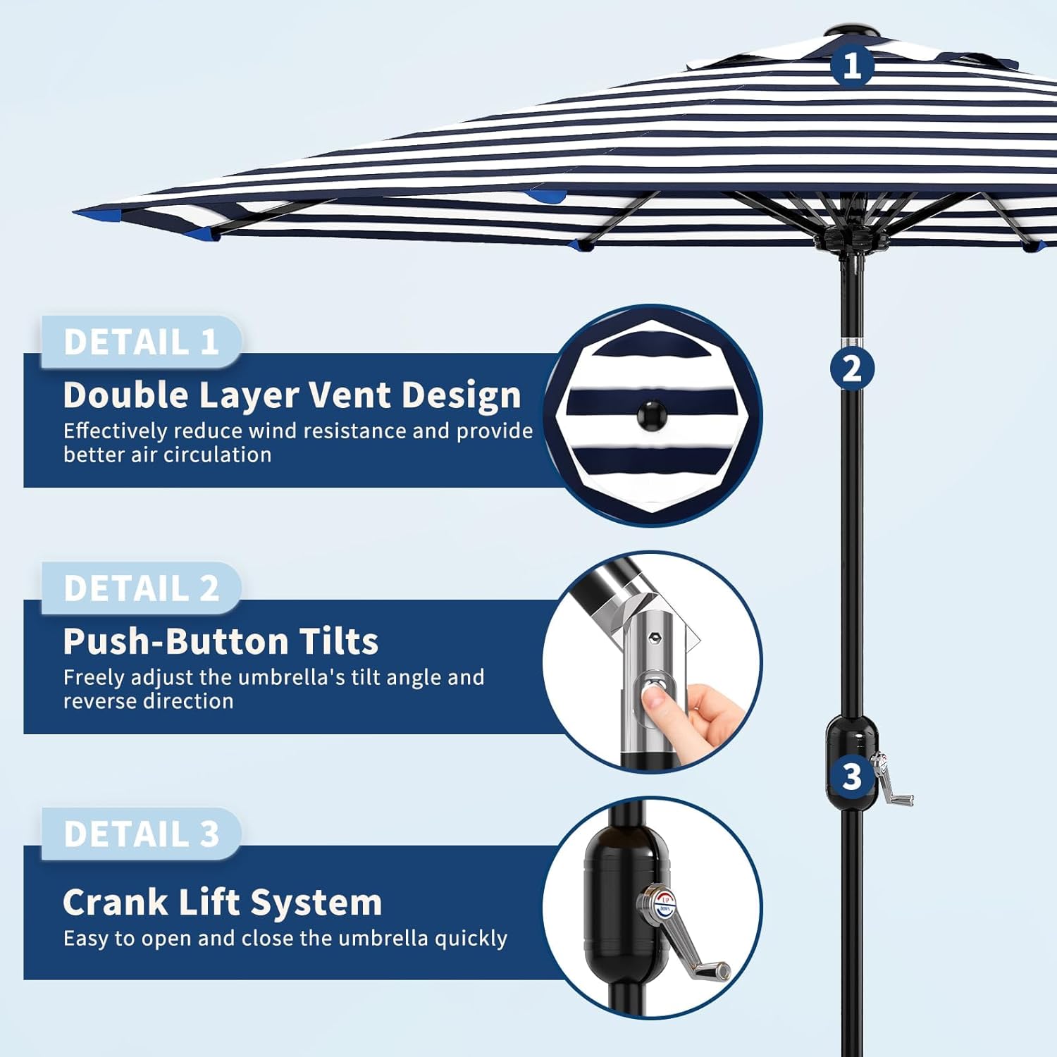 9 ft Patio Umbrella - 8 Sturdy Ribs Outdoor Table Umbrella with Crank Lift & Push Button Tilt - Market Umbrella for Pool, Deck, Yard, Garden - Black & White Stripe