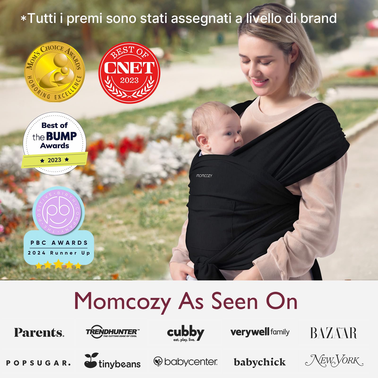 Momcozy Fascia per neonati – Anello facile da indossare – Fascia per il trasporto traspirante per mani libere – Marsupio regolabile da 3,6 kg a 15 kg (nero)