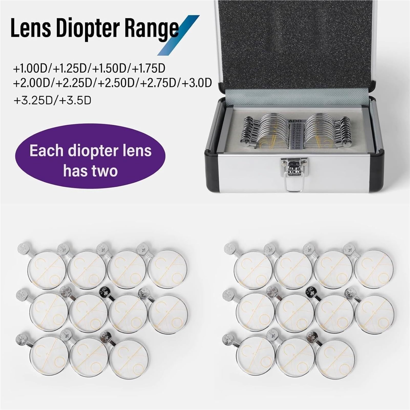 Juego de 22 lentes de prueba ópticas con lentes progresivas y caja de almacenamiento de aluminio para pruebas de agudeza visual, ideal para optometría y tiendas ópticas
