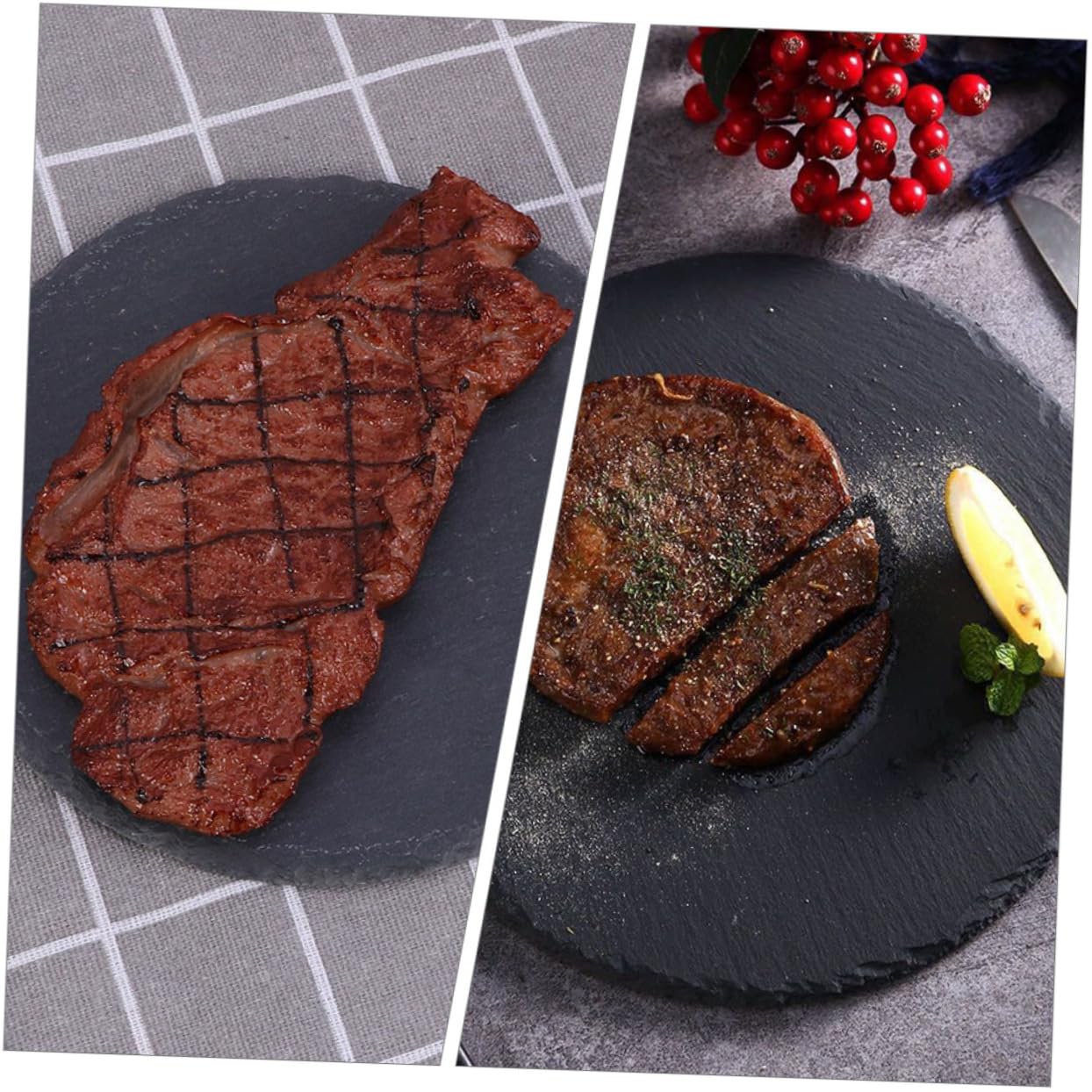 COLLBATH Platos Redondos de Pizarra Natural Pack de 2 Unidades para Servir Carne y Sushi, Material Resistente y Fácil de Limpiar Adecuado para Hogar y Restaurante