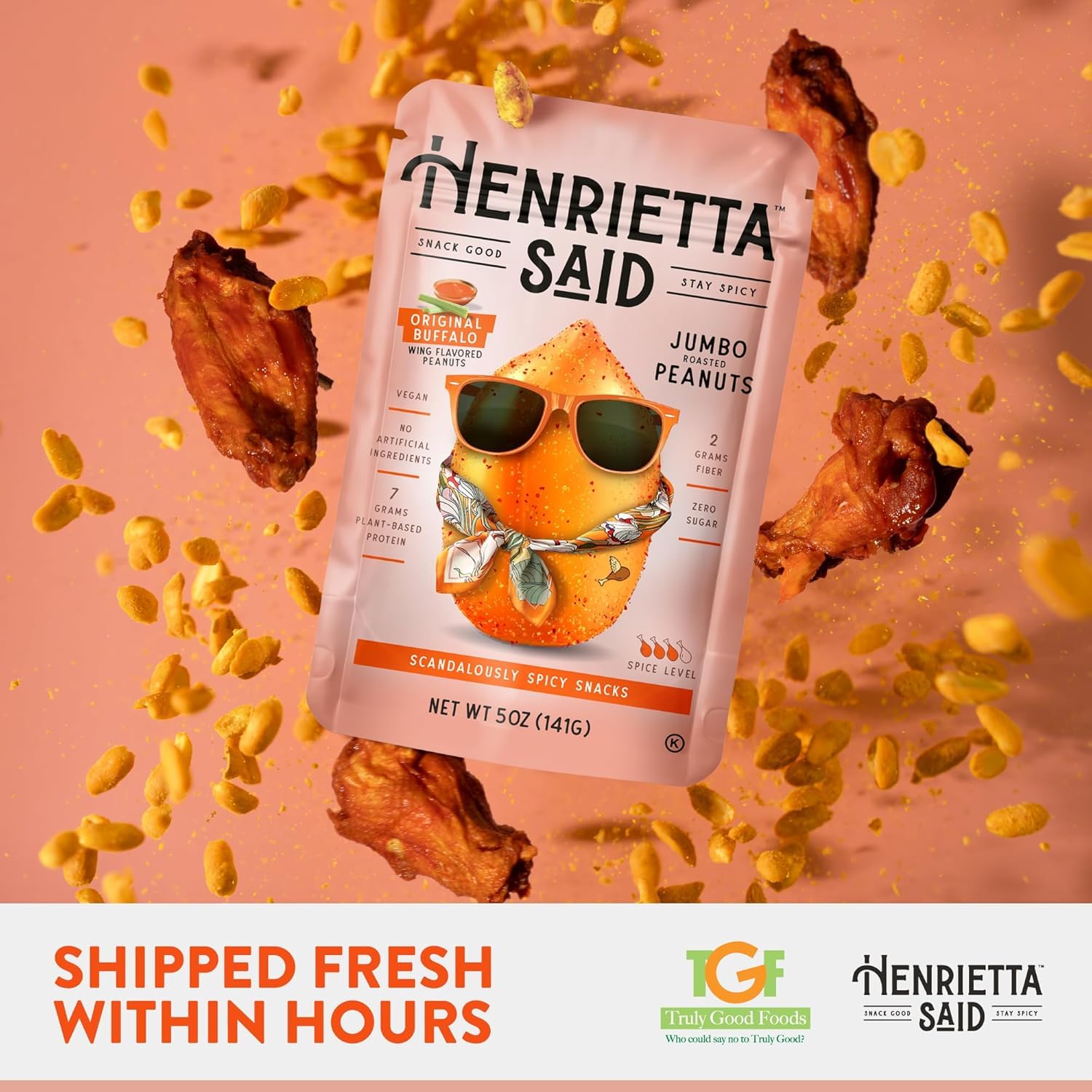 Henrietta Said Wing-Flavored Peanuts - Truly Good Foods Snacking Nuts - Bold Flavors - Savory & Spicy - Jumbo Flavored Peanuts - Protein Packed Vegan Snack - 4 (5-oz) Packs - Original Buffalo