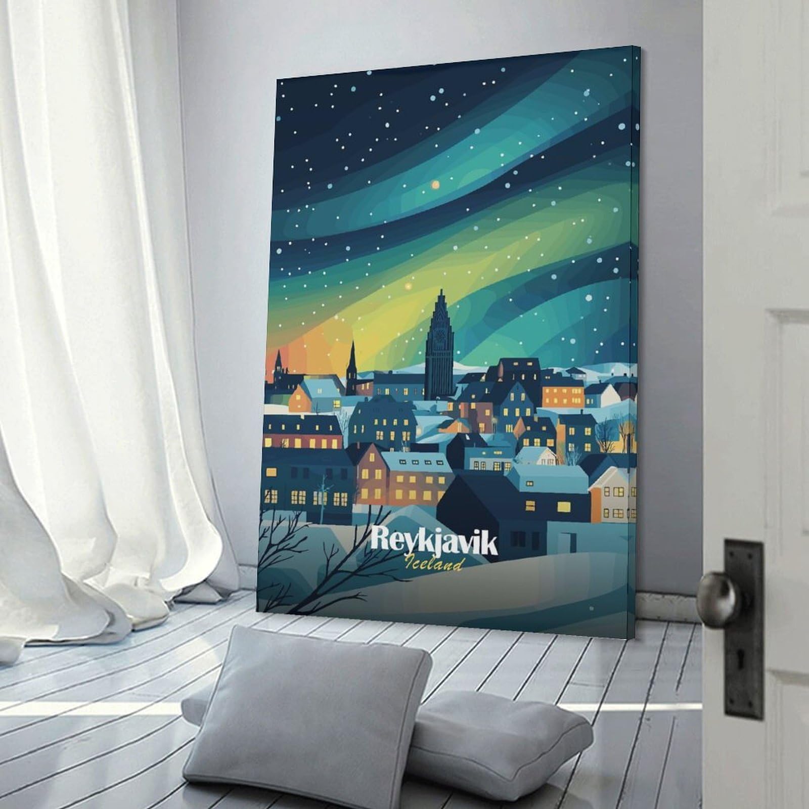 Junmoney Reykjavik Northern Lights Canvas Art Print, 24x36inch(60x90cm), for Hallway, Bedroom Or Modern Interiors, A Wall Art Gift for Fresh Interiors
