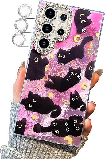 Compact Case for Samsung Galaxy S22 Ultra Black cat-Pink Design,Cute Trendy Soft Slim TPU Shockproof Protective Bumper Phone Cases Cover for Women Girls Aesthetic Glitter Shiny Adorable