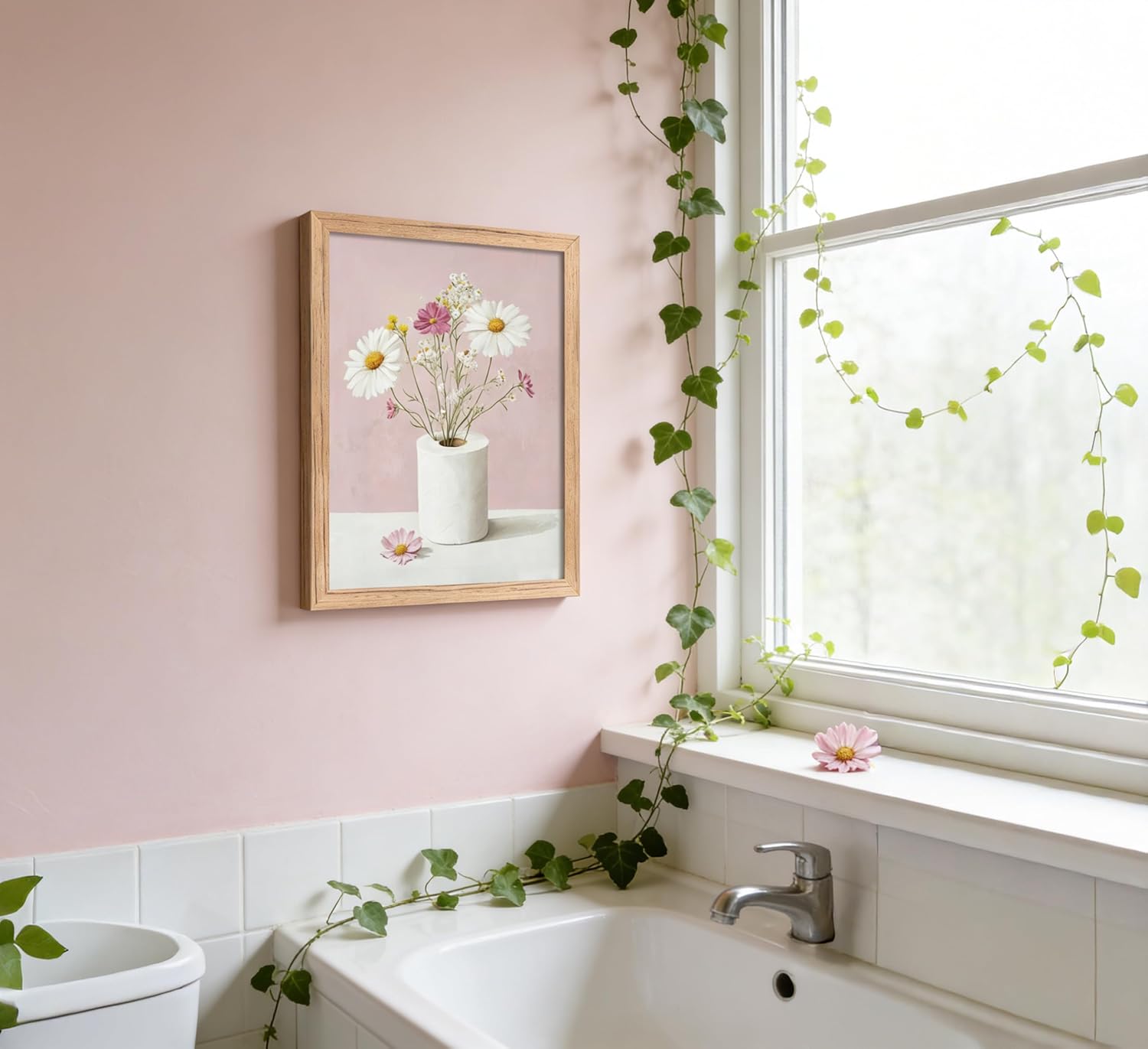 Framed Funny Bathroom Canvas Wall Art,Pink Daisy Floral Botanical Painting Picture Wall Decor,Minimalist Toilet Paper Flower Poster Print Artwork,for Restroom Toilet Home Decoration,