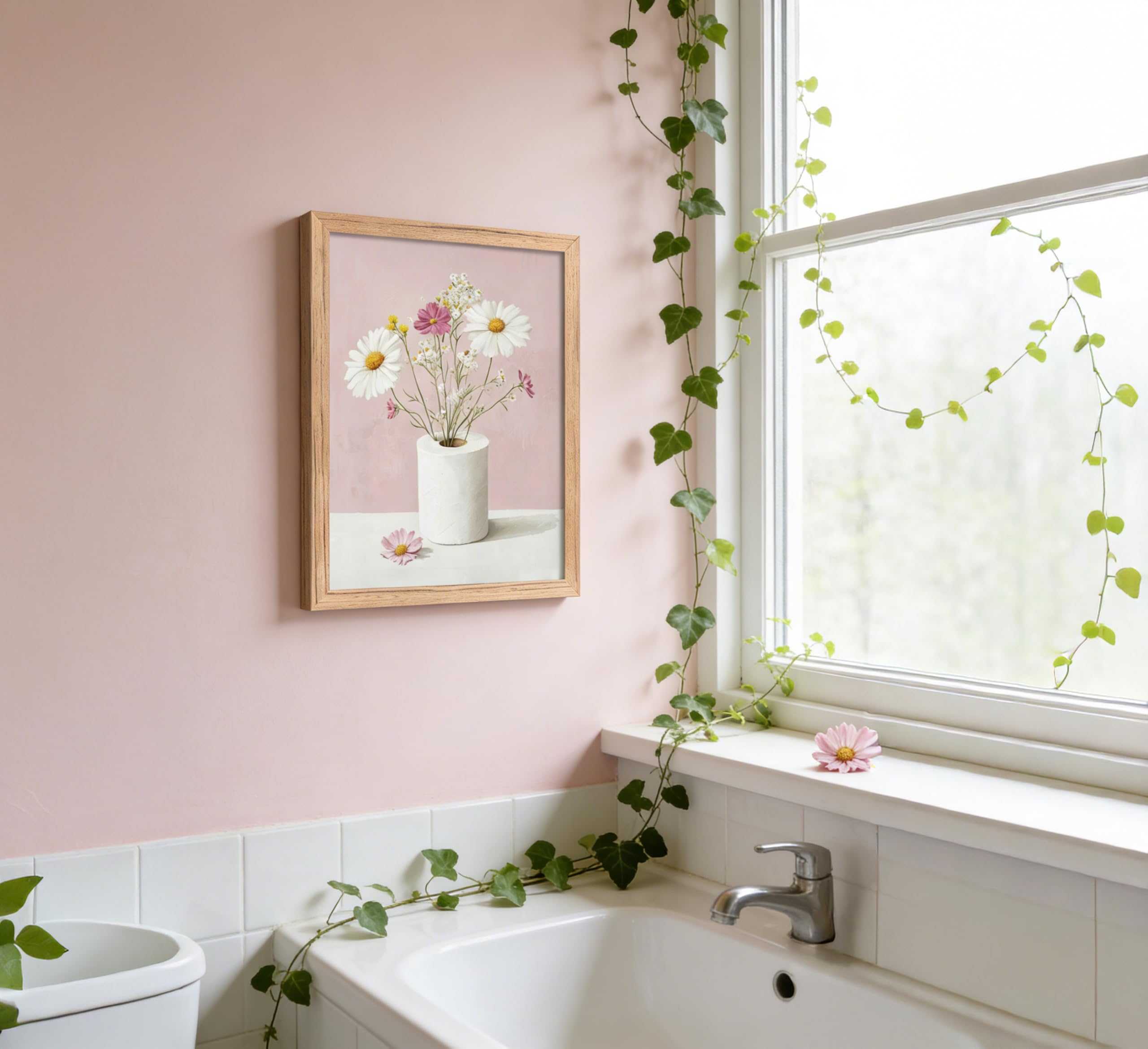 Framed Funny Bathroom Canvas Wall Art,Pink Daisy Floral Botanical Painting Picture Wall Decor,Minimalist Toilet Paper Flower Poster Print Artwork,for Restroom Toilet Home Decoration, — view 7