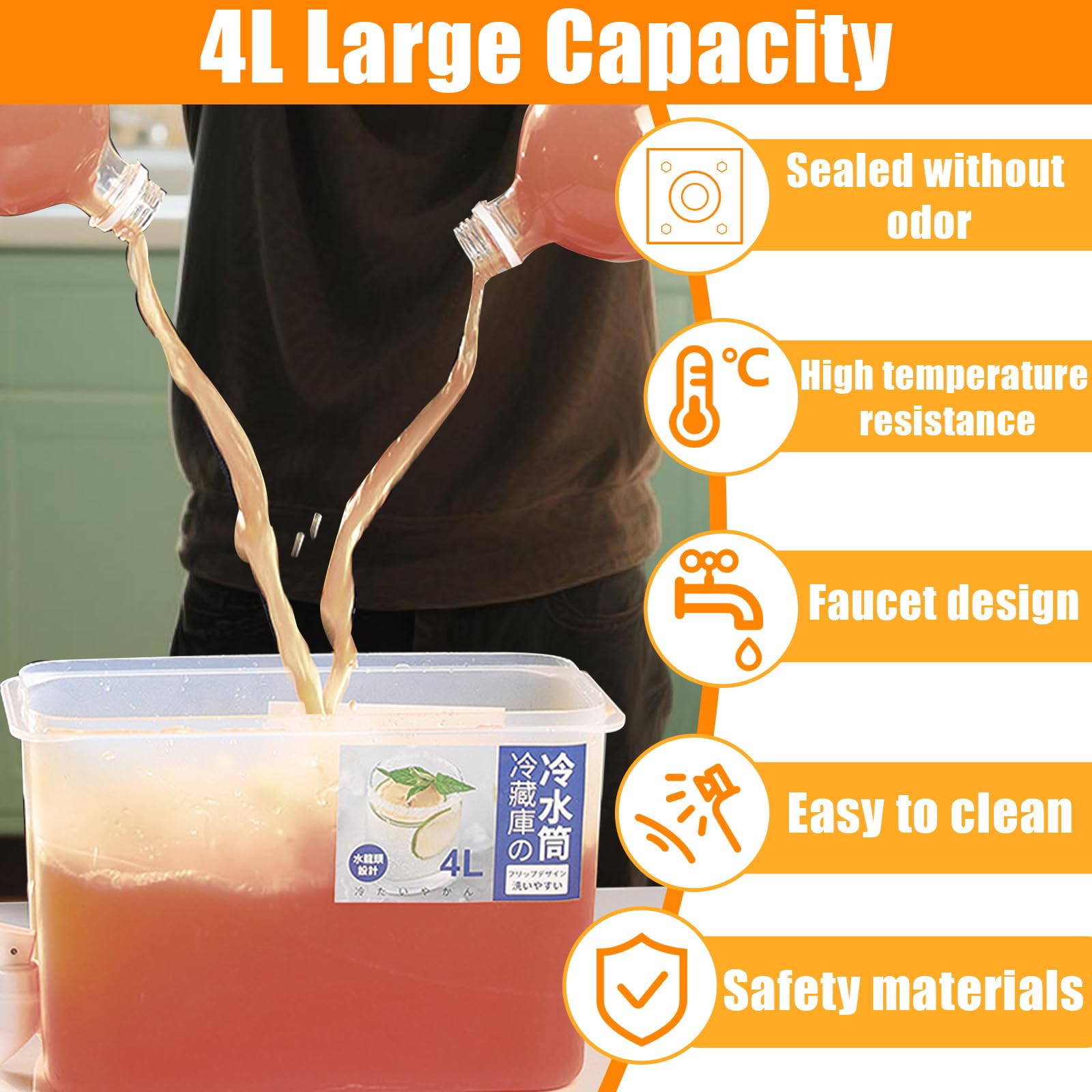4L Dispensador Bebidas con Grifo, Hervidor Frío Nevera Reutilizable, Contenedores Agua Frigorífico, Recipiente Jugo Plástico para Guardar Zumos, Cócteles, Leche, Té Helado, Frutas, Limonada, Camping