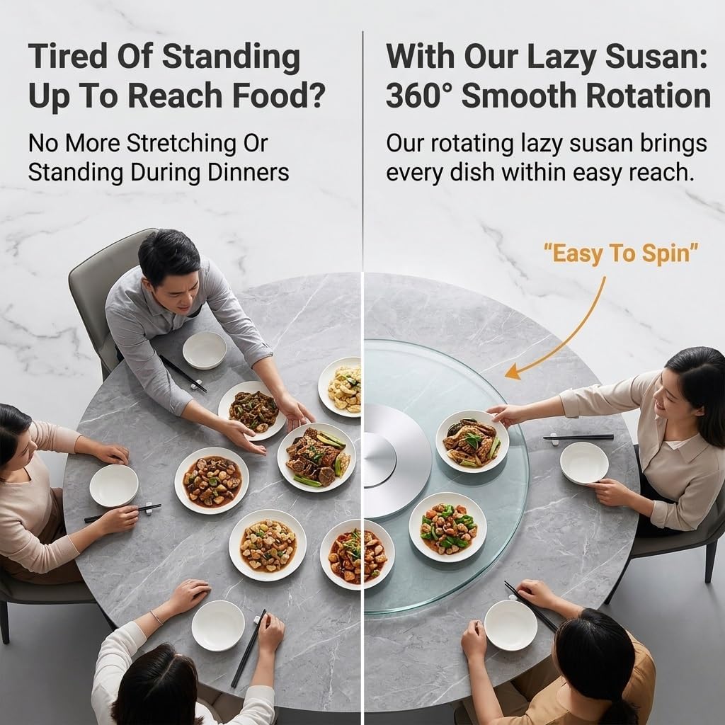Round Lazy Susan Dining Table Swivel Large Tabletop Serving,Tempered Glass Round Clear,360° Rotation Round Clear Tabletop Rotating Tray,for Family Gatherings, Banquets, Weddings
